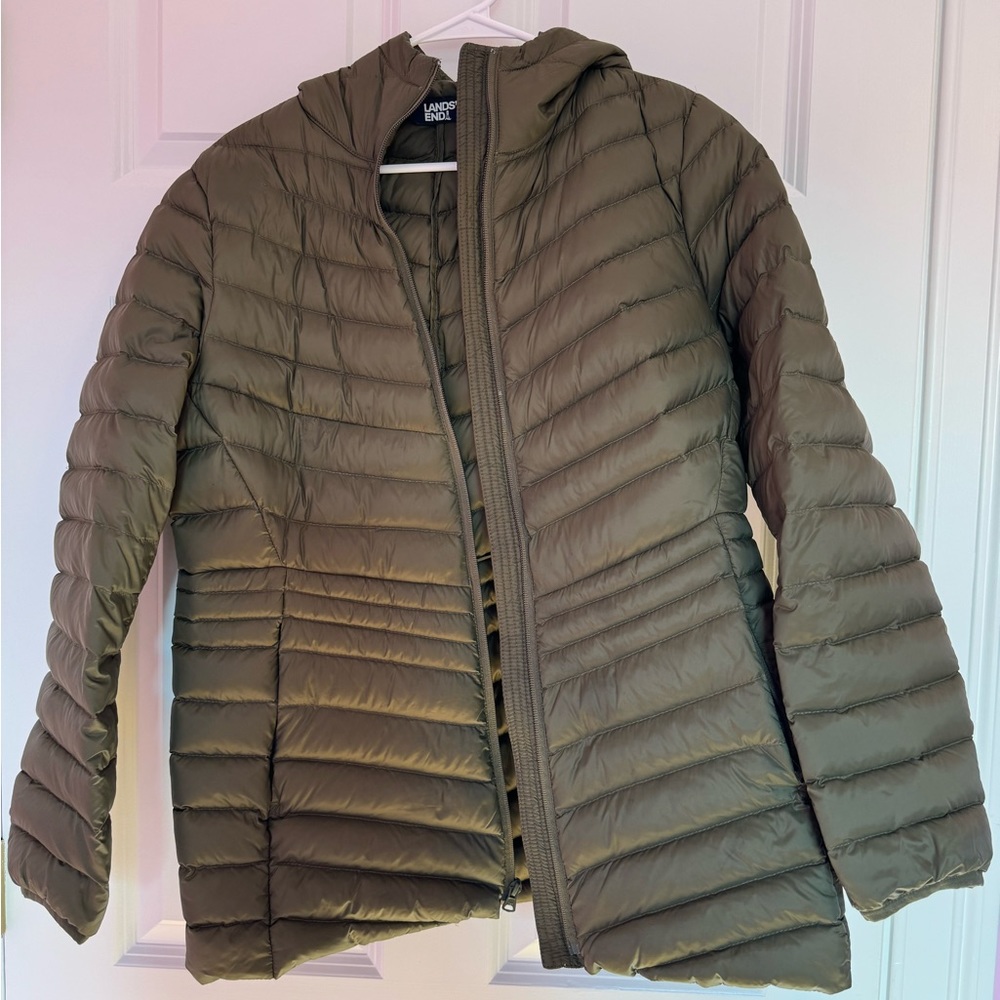 olive green puffer zip up with hood from lands end size m